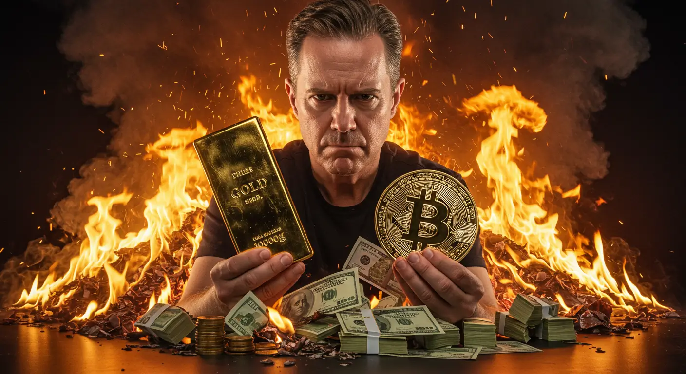 Doomsday Portfolio assets—gold and Bitcoin—held by a businessman, symbolizing financial security in a crisis.