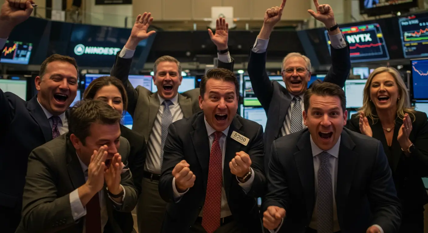 Group of investors celebrating in a trading floor environment, with computer screens showing financial data, symbolizing profit amidst the 2025 Wall Street bankruptcy crisis.